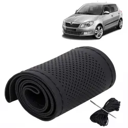 KINGSWAY® Car Steering Wheel Cover Sewable Compatible with Skoda Fabia (Year 2007-2014), Top-Notch PU Leatherite, Black Color with Black Thread, Pack of 1 with Sewing Needle and Thread
