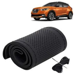 KINGSWAY® Car Steering Wheel Cover Sewable Compatible with Nissan Kicks (Year 2018 Onwards), Top-Notch PU Leatherite, Black Color with Black Thread, Pack of 1 with Sewing Needle and Thread
