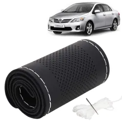 KINGSWAY® PU Leatherite Car Steering Cover Sewable Compatible with Toyota Corolla Altis (Year 2007-2013), Black Color with Silver Thread, Pack of 1 with Sewing Needle and Thread