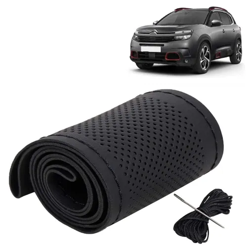 Image of KINGSWAY® PU Leatherite Car Steering Cover Sewable Compatible with Citroen C5 Aircross (Year 2021 Onwards), Black Color 