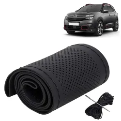 KINGSWAY® PU Leatherite Car Steering Cover Sewable Compatible with Citroen C5 Aircross (Year 2021 Onwards), Black Color 