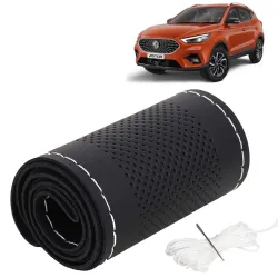 KINGSWAY® PU Leatherite Car Steering Cover Sewable Compatible with Morris Garages (MG) Astor (Year 2021 Onwards), Black Color with Silver Thread, Pack of 1 with Sewing Needle and Thread