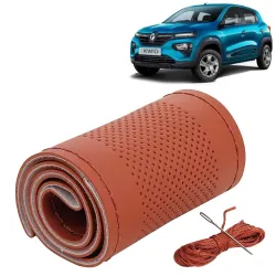 KINGSWAY® Car Steering Wheel Cover Sewable Compatible with Renault Kwid (Year 2019 Onwards), Top-Notch PU Leatherite, Tan Color with Tan Thread, Pack of 1 with Sewing Needle and Thread