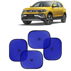KINGSWAY Car Window Curtain Sticky Sun Shades Compatible with Volkswagen Taigun, (Year 2021 Onwards), Universal Fit Sunshades for Side Window, Rear Window, Blue Color, 4 Pieces