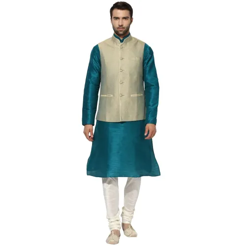 Image of KISAH Men's Kurta Jacket Trouser Set, Off White Dupion Silk