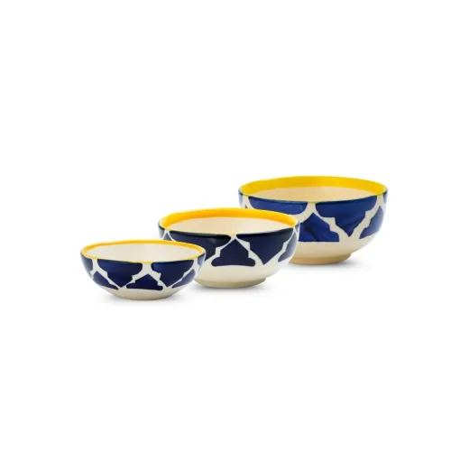Image of KitchEase Moroccan Print Blue Ceramic Bowls Set of 3, Microwave & Dishwasher Safe Perfect for Serving Pasta, Maggi, Cere