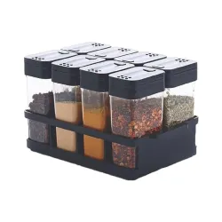 Kitchen 8‑Pcs Airtight Rasoi Box Set – Black Plastic Spice Storage Jars, Masala Box, Spice Container & Easy‑Flow Tray Premium Durable for Organized Kitchen Spice Management