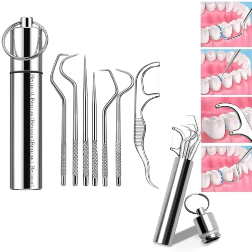 Image of KLIFFOO® 7-in-1 Teeth Braces Cleaner Tools Kit,Dental Floss Toothpicks Set with Aluminum Tube- Dental Tools Reusable Too