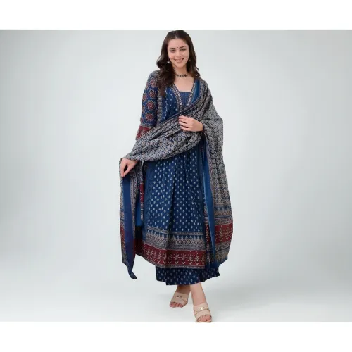Image of KLOSIA Women's Rayon Printed Anarkali Kurta and Pant with Dupatta Set
