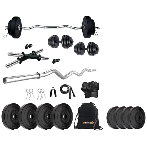 Image of Kore PVC 30 Kg Home Gym Set With One 3 Ft Curl Rod And One Pair Dumbbell Rods With Gym Accessories, Black