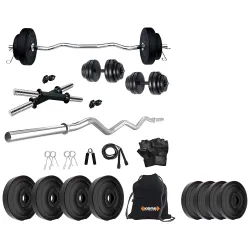 Kore PVC 30 Kg Home Gym Set With One 3 Ft Curl Rod And One Pair Dumbbell Rods With Gym Accessories, Black