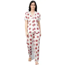 KOTTY Women's Printed Satin Night Suit Shirt & Pyjama Set