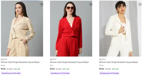 Image of Kotty Women's Readymade Blazers Starting @ ₹170 