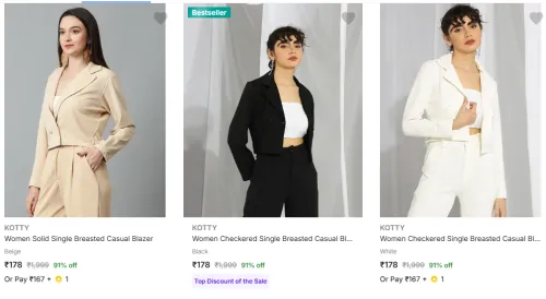 Image of KOTTY Women Solid Casual Blazer Starting @ ₹178