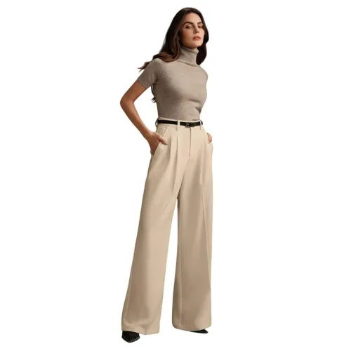 Image of KOTTY Women's Beige High Waist Wide Leg Straight Trouser for Formal and Office Wear