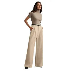 KOTTY Women's Beige High Waist Wide Leg Straight Trouser for Formal and Office Wear