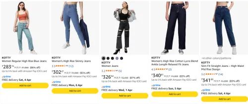 Image of KOTTY Women's Jeans at Minimum 76% Discount