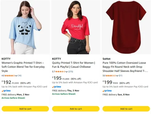 Image of KOTTY Women's Solid Round Neck Cotton Blend Oversized T-Shirt at minimum 74%