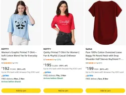 KOTTY Womens Solid Round Neck Cotton Blend Oversized T-Shirt at minimum 74%