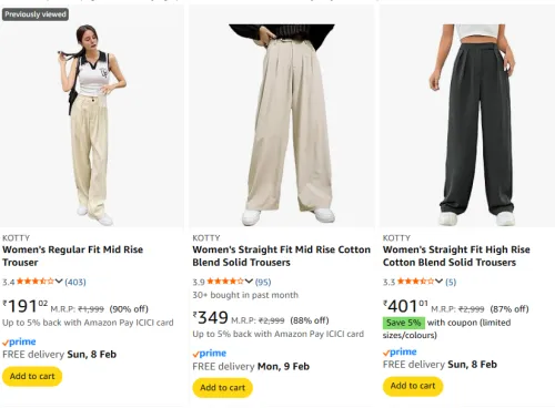 Image of KOTTY Women's Trousers @ Starting ₹191
