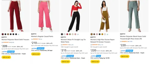 Image of KOTTY Women's Trousers upto 90% Discount