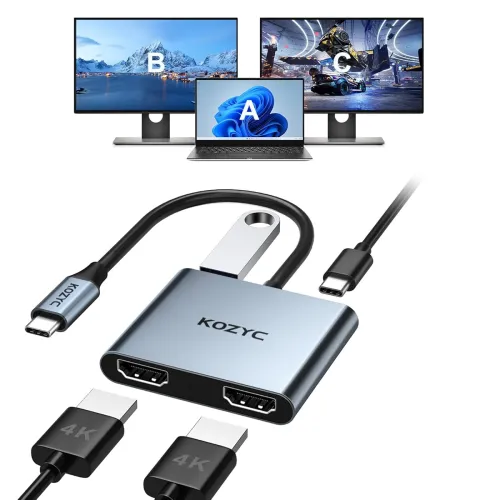 Image of KOZYC USB-C to Dual HDMI Adapter, 4K@30Hz, USB 3.0, 100W PD, Supports USB-C to HDMI Splitter, Macbook Pro Compatible