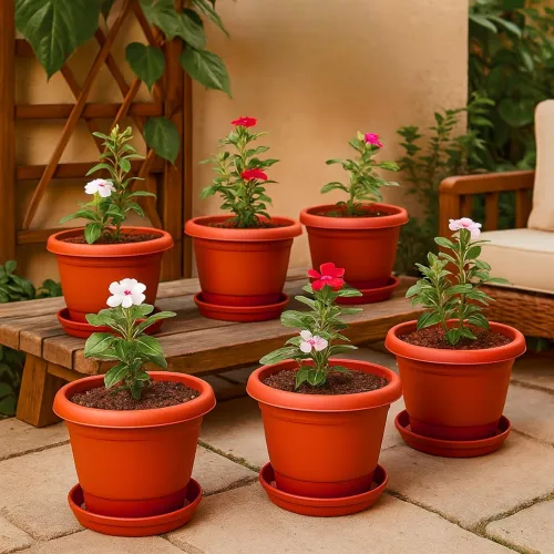 Image of Kraft Seeds 8 Inch Pack of 6 Flower Pots for Garden with Bottom Plate & Drainage Hole, Plastic Pot for Plants, Indoor & 