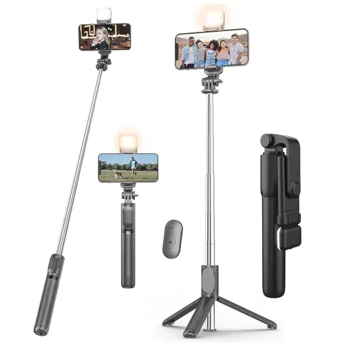 Image of Kratos 28 Inch Selfie Stick Tripod Stand with Light, 3-in-1 Multifunctional Design, Rechargeable LED Light with Two Brig