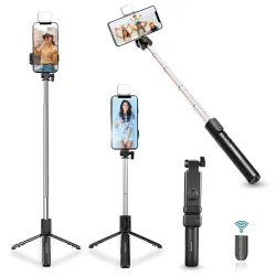 Kratos Selfie Stick Tripod Stand, 3 in 1 Multifunctional Design, Rechargable LED Light with Two Brighness Levels for Make up, Selfie & Photo Shoot, Selfie Stick with Bluetooth Remote (70cm w...