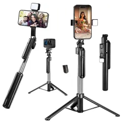 Kratos Selfie Stick Tripod Stand with Light 67 inch /1.7 M, 360° Rotation Handle for Anti Shake Shooting Tripod, Multifunctional Bluetooth Tripod for Mobile Phone Vlogging, Live Stream & Tra...
