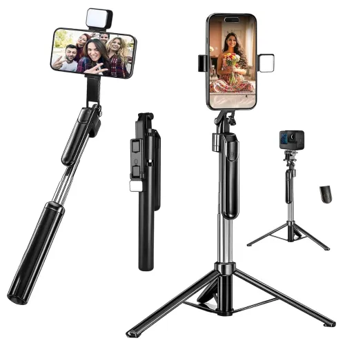 Image of Kratos K19 Selfie Stick Tripod Stand with Light 67 inch /1.7 M, 360° Rotation Handle for Anti Shake Shooting Tripod, Mul