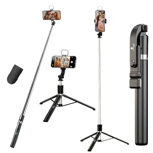 Image of Kratos K9 Selfie Stick Tripod With Light, 67 inch /170CM Reinforced Tripod for Mobile Phone, Multi-Functional Bluetooth 