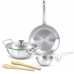 Kreme Platina Triply Stainless Steel Cookware Set 4 Pc - Superior Finish, Cool Grip Handle, Induction Compatible | 100% Non-Toxic, Nickel-Free | Frypan 1.45 L + Kadai 2.2 L & Tadka Pan 0.5 L...
