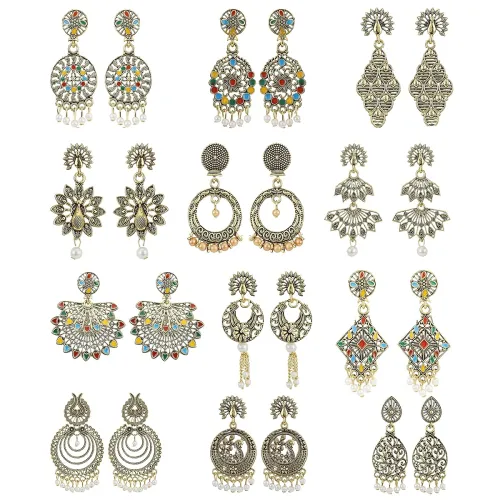 Image of kreyam's Earrings for women Chandbali Pearl Jhumka Traditional Combo Set of 12 Pack Fancy Jhumki fashion imitation jewel