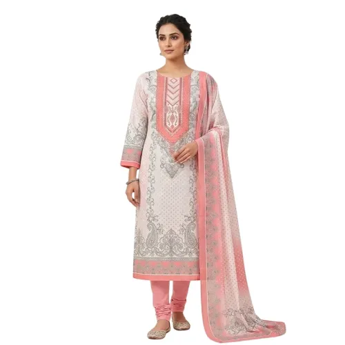 Image of KTI Women Cotton Unstitched Salwar Suit Material with Dupatta Geometric & Floral Printed Dres