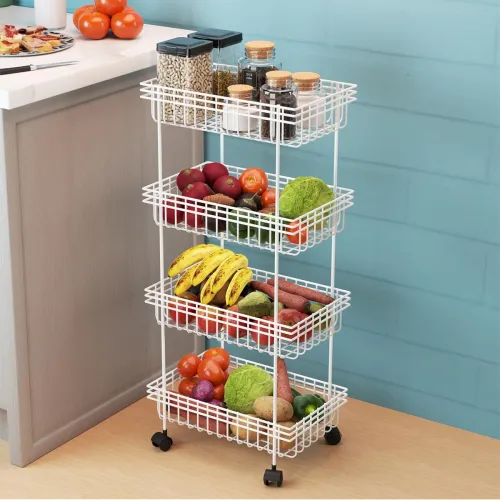 Image of Kuber Industries Metal 4Layer Multipurpose Fruits & Vegetable Stand/Kitchen Trolley with Wheels | Space-Saving Onion Pot