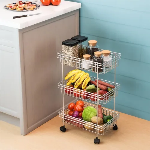 Image of Kuber Industries Metal 3-Layer Multipurpose Fruits & Vegetable Stand/Kitchen Trolley with Wheels | Space-Saving Onion Po