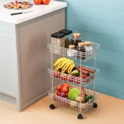 Kuber Industries Metal 3-Layer Multipurpose Fruits & Vegetable Stand/Kitchen Trolley with Wheels | Space-Saving Onion Po