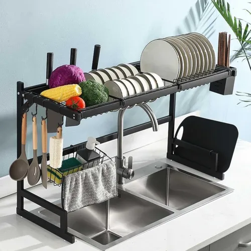 Image of Kuber Industries Carbon Steel Dish Drying Rack|Storage Rack for Kitchen Counter|Drainboard & Cutting Board Holder|Premiu