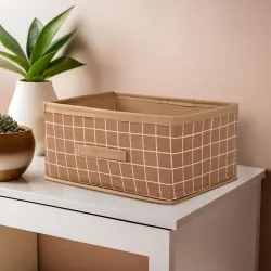 Kuber Industries Foldable Multi-purpose Cloth Organizer for Storage with Drawing Handle | Durable Organisers Storage Box for Clothes/Toys | Check Design - Beige