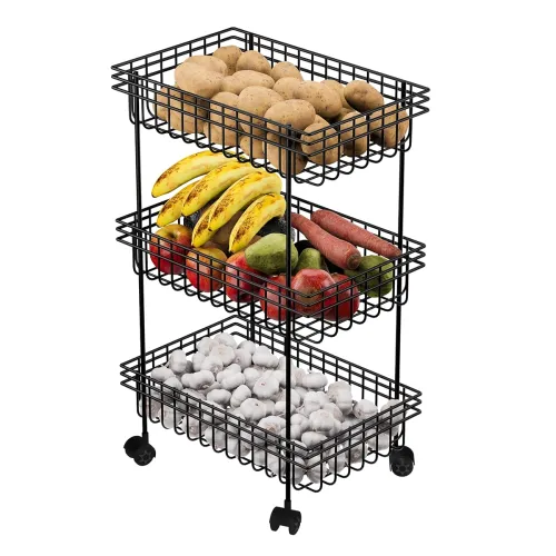 Image of Kuber Industries Metal 3-Layer Multipurpose Fruits & Vegetable Stand /Kitchen Trolley with Wheels | Space-Saving Onion P