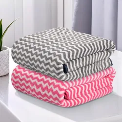 Kuber Industries 2 Pcs Microfibre 24x48 Inch Men and Women Bath Towel | 280 GSM Quick Dry Absorbent Gym Sweat Workout & Shower Body Towel for Sports, Beach and Travel | Zig Zag - Pink & Grey