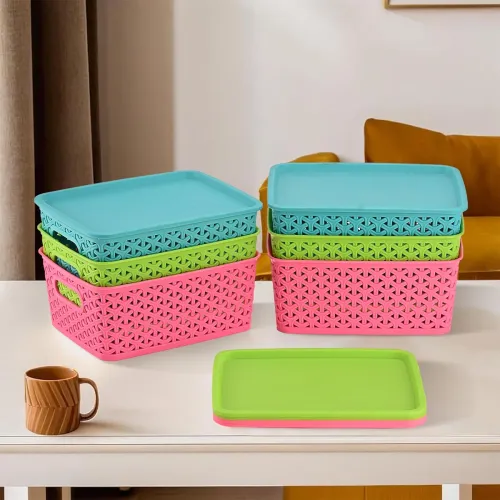 Image of Kuber Industries Pack of 6 Multipurpose Storage Baskets with Lid for Organizing Home & Office