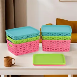 Kuber Industries Pack of 6 Multipurpose Storage Baskets with Lid for Organizing Home & Office