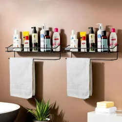 Kuber Industries Pack of 2 Metal Bathroom Shelf for Wall - Washroom Organizer Shampoo Holder Stand & 14 Inch Kitchen Storage Rack - Black