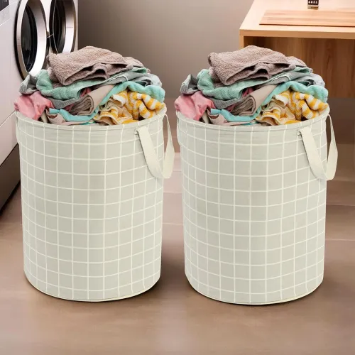Image of Kuber Industries (Pack of 2) Laundry Basket (60 LTR) Cotton Round Laundry Hamper (Check-Print) Clothes Storage Bag | Bas