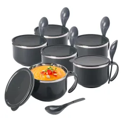 Kuber Industries Pack of 6 Airtight-Lid 600ml Stainless Steel Soup Bowl with Spoon & Holder | Leakproof Food Container f