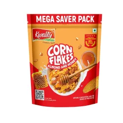Kwality Corn Flakes with Almond & Honey 1kg | Made with Golden Corns | 99% Fat-Free | High in Protein, Zero Cholesterol 