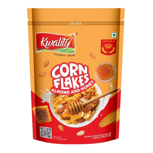Image of Kwality Corn Flakes with Almond & Honey 300 g | Made Golden Corns 99% Fat-Free High in Protein Zero Cholesterol Healthy 