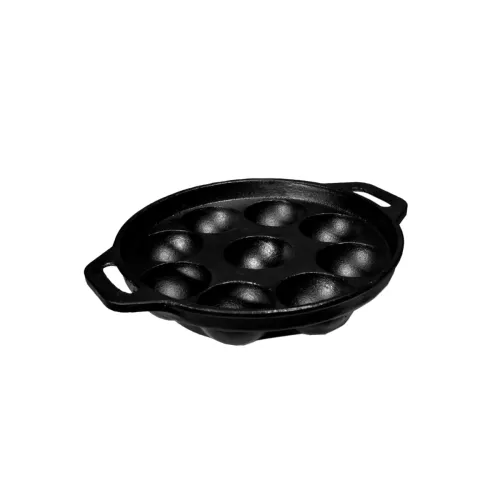 Image of kyyte Cast Iron Pre-Seasoned Round Heavy 2 Side Handle Panniyarkal 09 Pits 100% Pure & Toxin-Free Black.